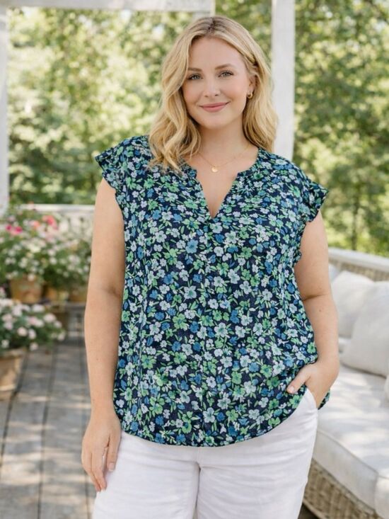 LOFT Tops - LOFT Outlet Blue Green Floral Blouse Lightweight V Neck Flutter Sleeve Size XL